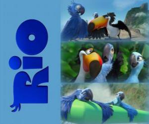 Puzzle Λογότυπο του Ρίο της ταινίας με τρεις από τους πρωταγωνιστές του: η αρά Blu, Jewel και η Tucan Rafael